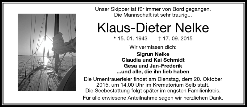  Traueranzeige für Klaus-Dieter Nelke vom 17.10.2015 aus Frankenpost