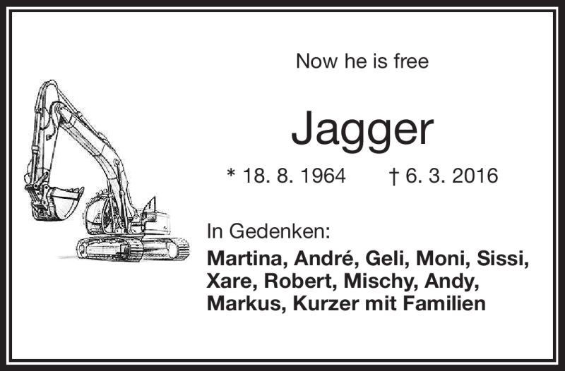  Traueranzeige für Jagger  vom 11.03.2016 aus Frankenpost
