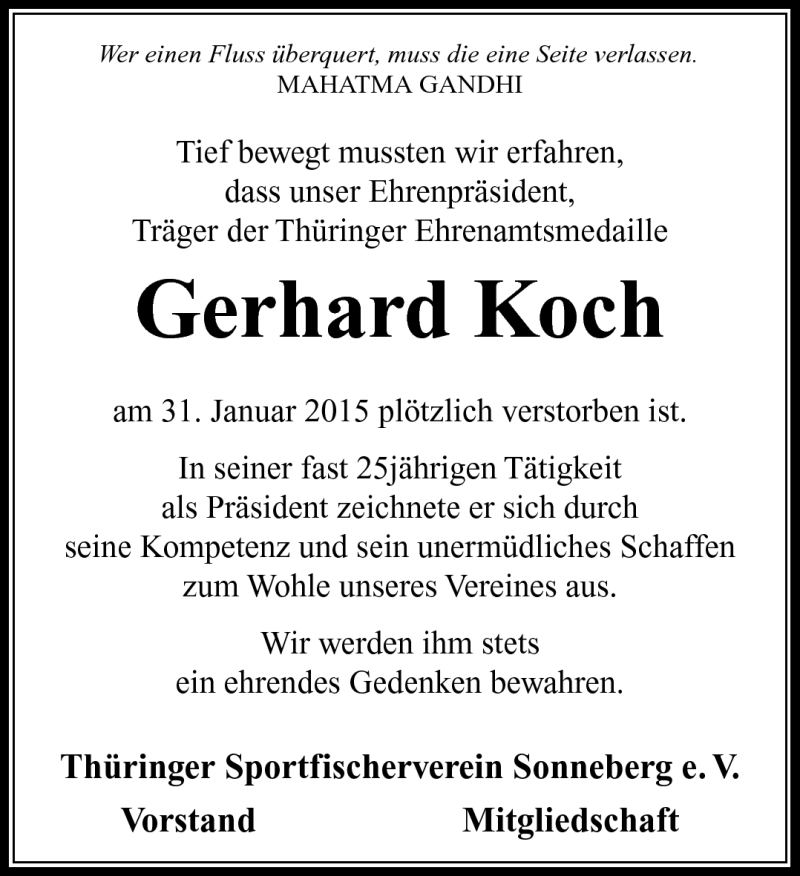  Traueranzeige für Gerhard Koch vom 13.02.2015 aus Südthüringer Presse