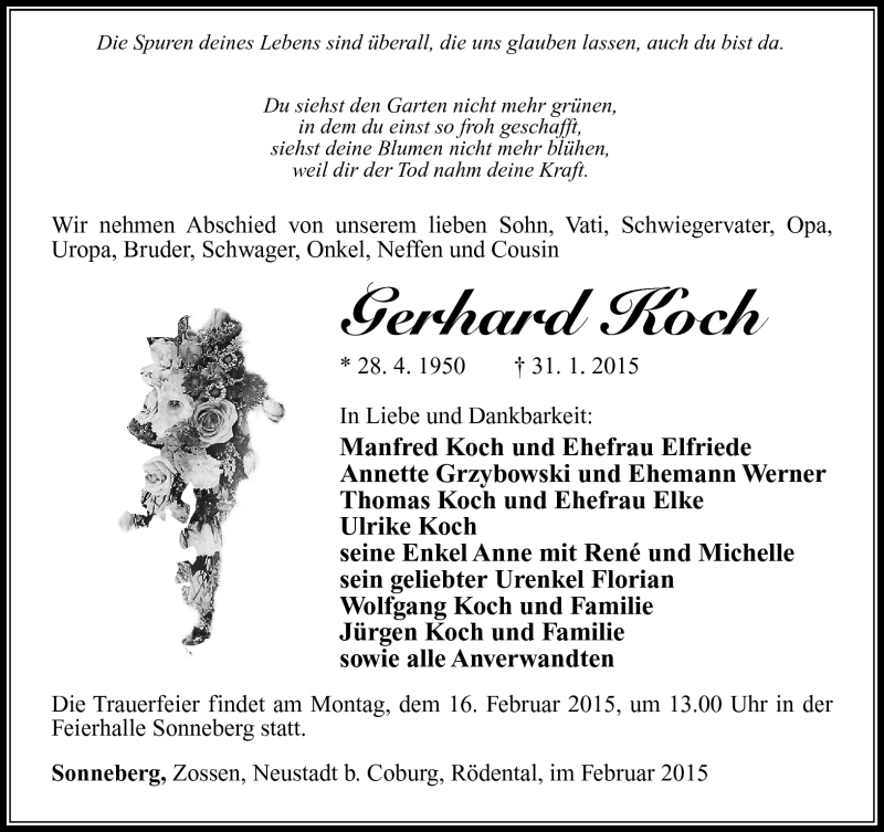 Traueranzeige für Gerhard Koch vom 11.02.2015 aus Südthüringer Presse