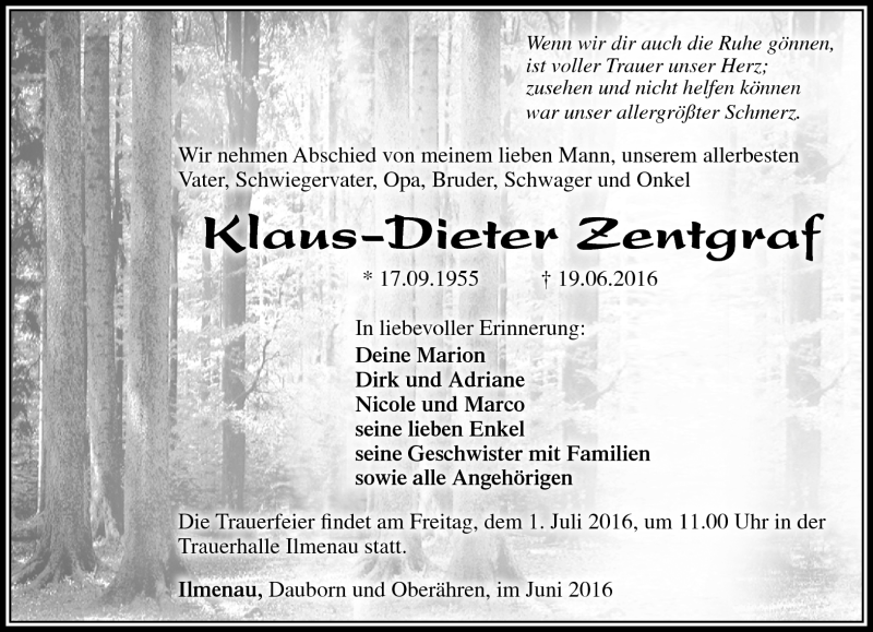  Traueranzeige für Klaus-Dieter Zentgraf vom 25.06.2016 aus Südthüringer Presse