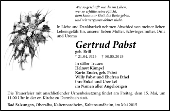 Traueranzeige von Gertrud Pabst von Südthüringer Presse