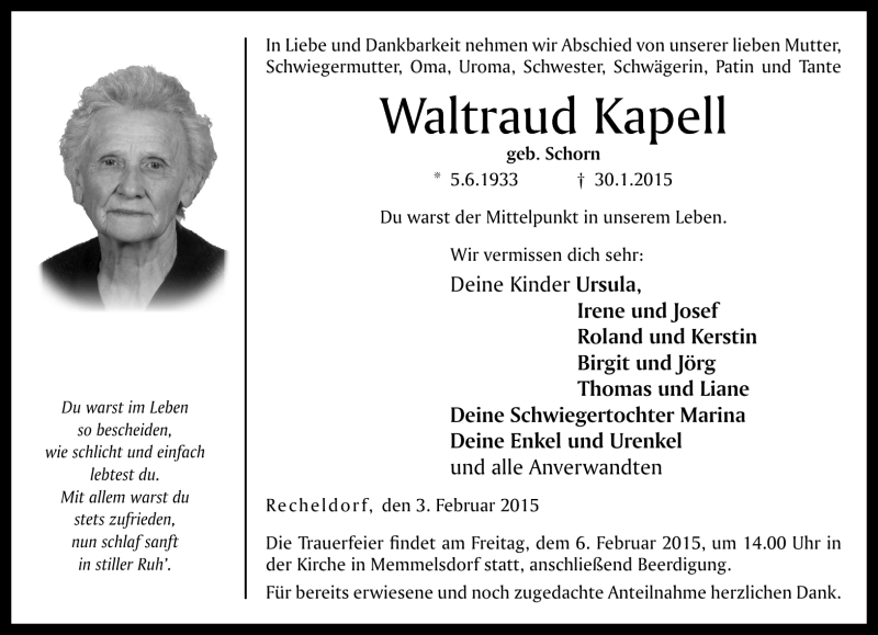  Traueranzeige für Waltraud Kapell vom 03.02.2015 aus Neue Presse Coburg