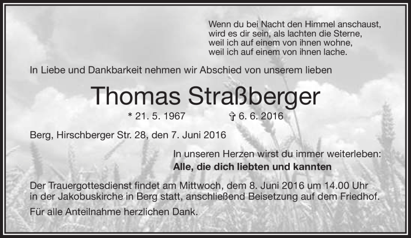  Traueranzeige für Thomas Straßberger vom 07.06.2016 aus Frankenpost