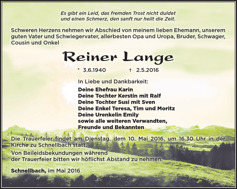  Traueranzeige für Reiner Lange vom 07.05.2016 aus Südthüringer Presse