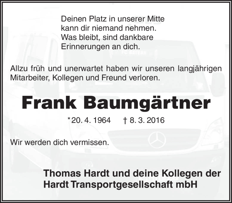  Traueranzeige für Frank Baumgärtner vom 15.03.2016 aus Südthüringer Presse