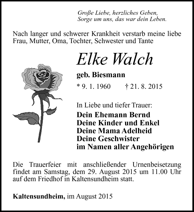  Traueranzeige für Elke Walch vom 25.08.2015 aus Südthüringer Presse