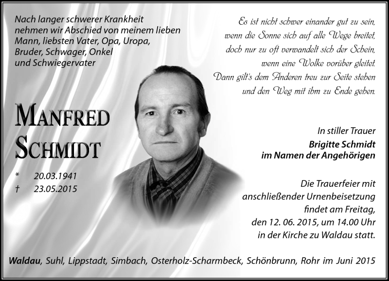  Traueranzeige für Manfred Schmidt vom 06.06.2015 aus Südthüringer Presse