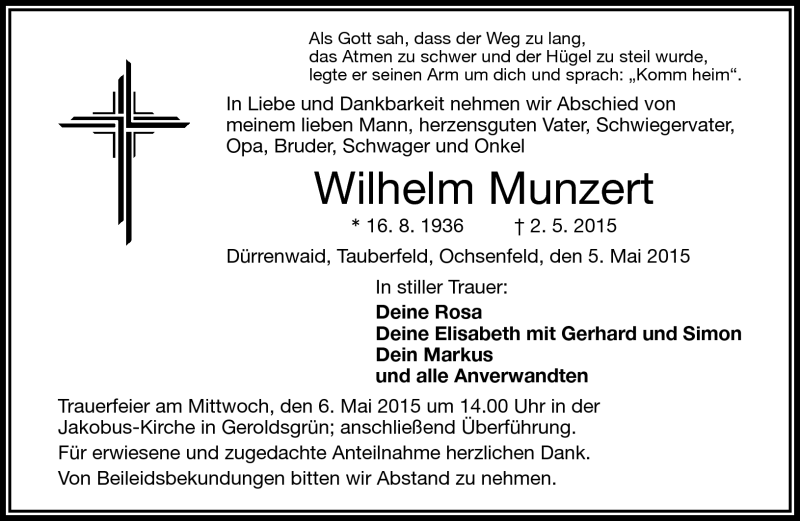  Traueranzeige für Wilhelm Munzert vom 05.05.2015 aus Frankenpost