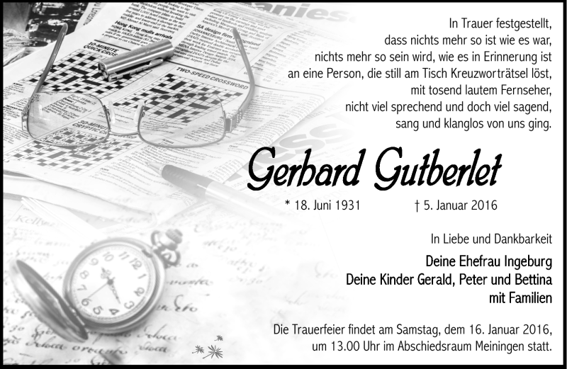  Traueranzeige für Gerhard Gutberlet vom 09.01.2016 aus Südthüringer Presse