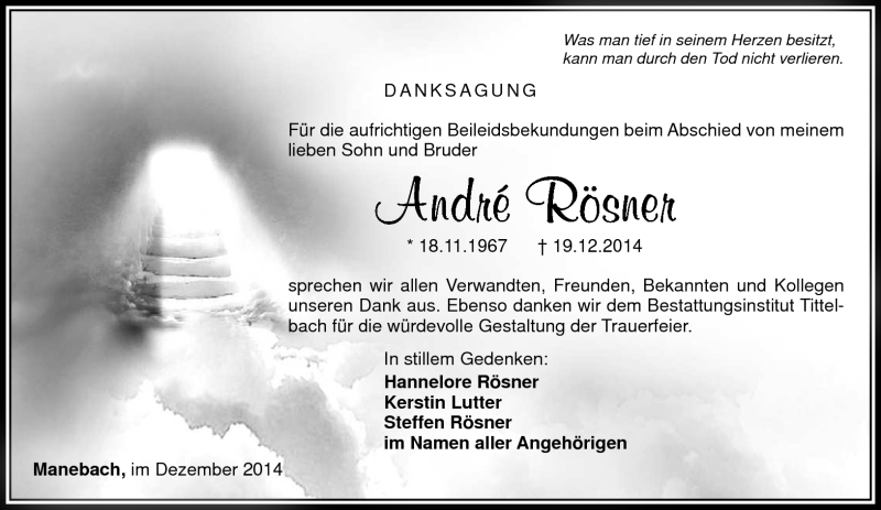  Traueranzeige für André Rösner vom 17.01.2015 aus Südthüringer Presse