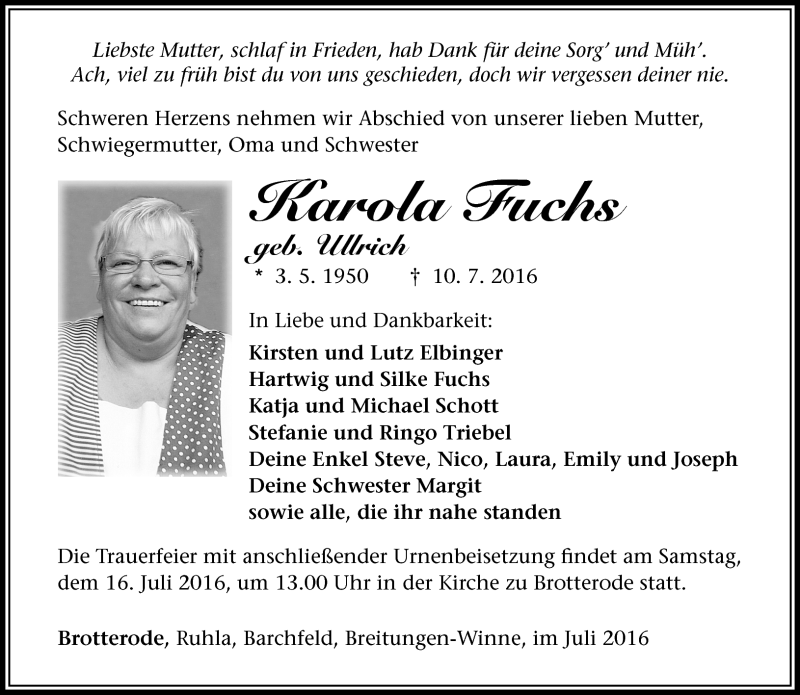  Traueranzeige für Karola Fuchs vom 13.07.2016 aus Südthüringer Presse