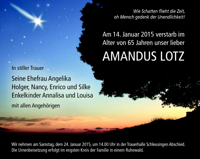  Traueranzeige für Amandus Lotz vom 21.01.2015 aus Südthüringer Presse