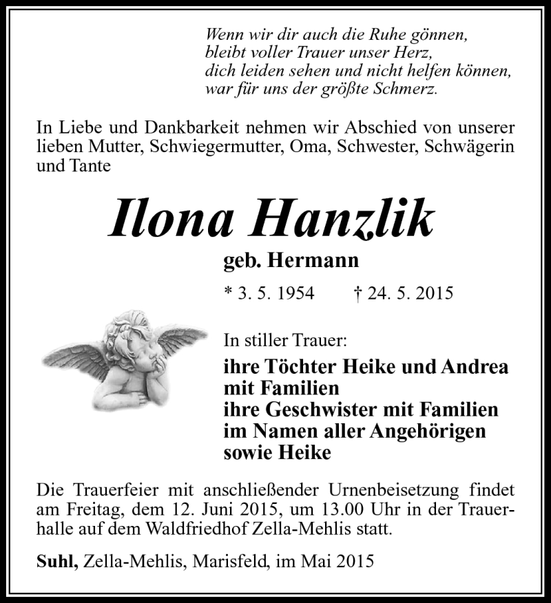 Traueranzeige für Ilona Hanzlik vom 30.05.2015 aus Südthüringer Presse