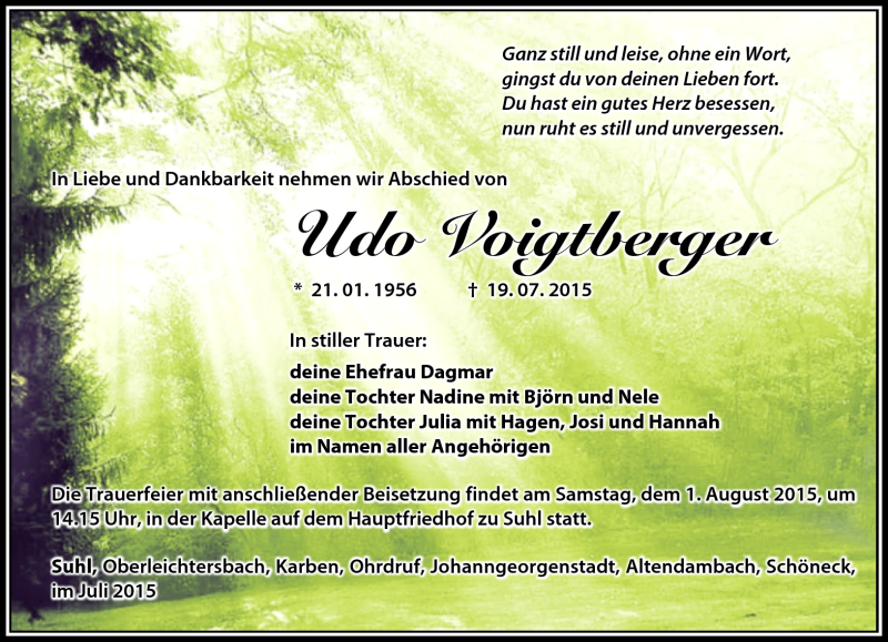  Traueranzeige für Udo Voigtberger vom 28.07.2015 aus Südthüringer Presse