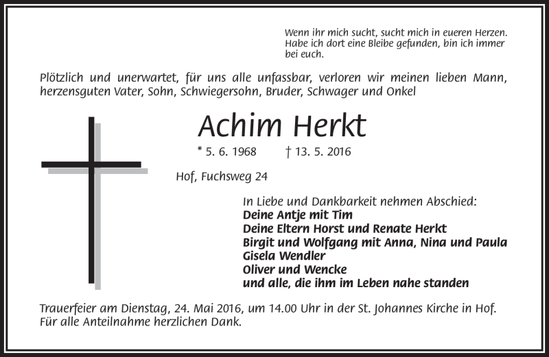  Traueranzeige für Achim Herkt vom 21.05.2016 aus Frankenpost