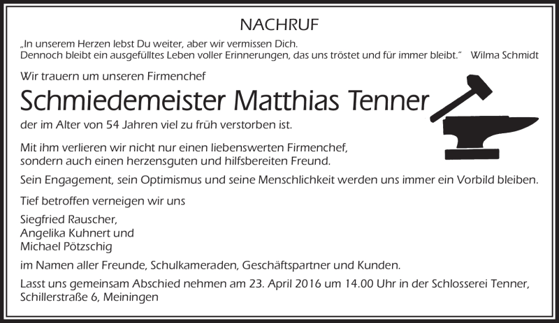  Traueranzeige für Matthias Tenner vom 19.04.2016 aus Südthüringer Presse