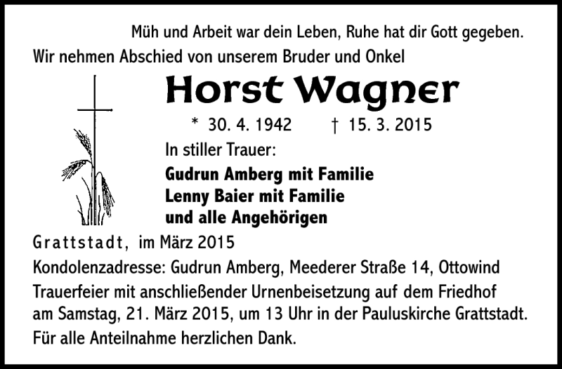  Traueranzeige für Horst Wagner vom 18.03.2015 aus Neue Presse Coburg