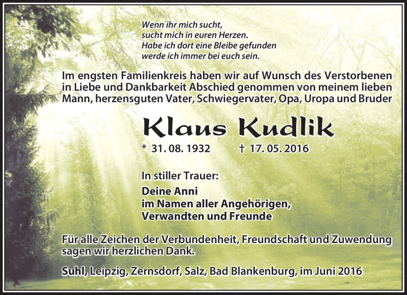  Traueranzeige für Klaus Kudlik vom 04.06.2016 aus Südthüringer Presse