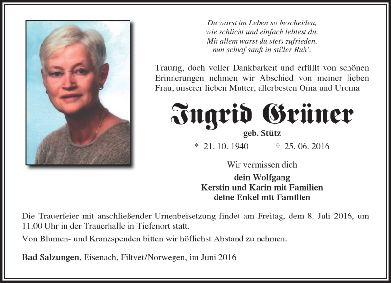  Traueranzeige für Ingrid Grüner vom 02.07.2016 aus Südthüringer Presse
