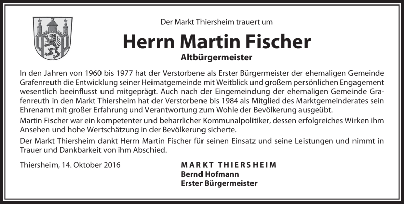  Traueranzeige für Martin Fischer vom 14.10.2016 aus Frankenpost