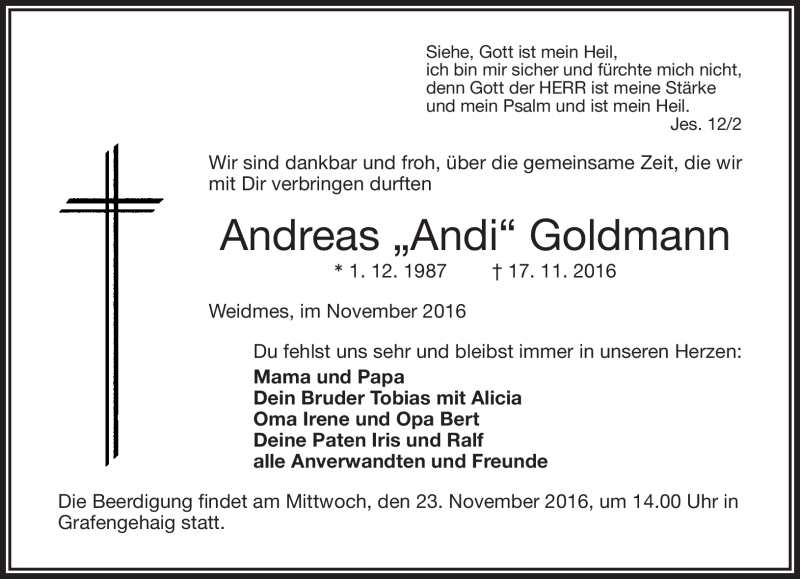  Traueranzeige für Andreas Goldmann vom 22.11.2016 aus Frankenpost
