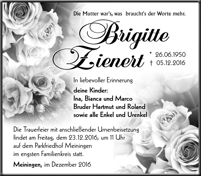  Traueranzeige für BrigittE Zienert vom 20.12.2016 aus Südthüringer Presse