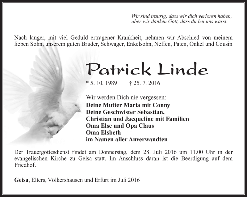 Traueranzeige für Patrick Linde vom 27.07.2016 aus Südthüringer Presse