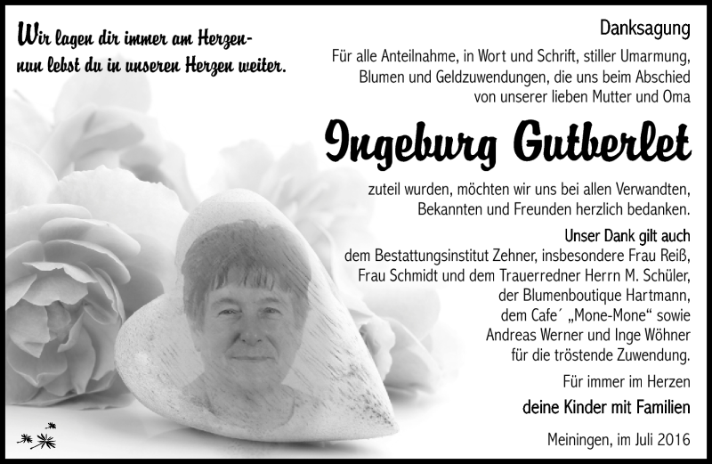  Traueranzeige für Ingeburg Gutberlet vom 30.07.2016 aus Südthüringer Presse