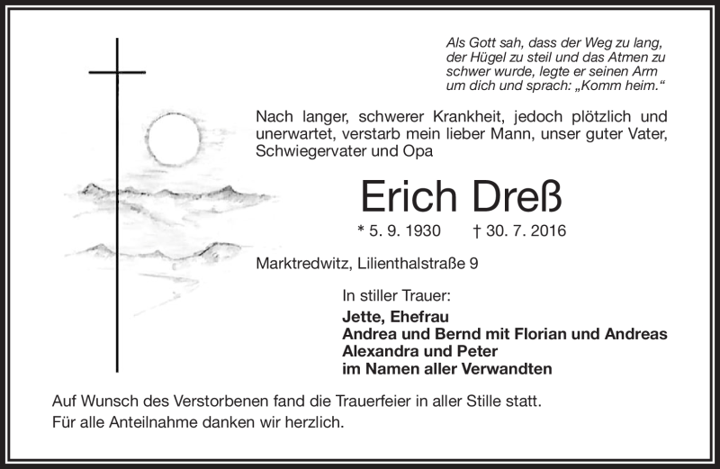  Traueranzeige für Erich Dreß vom 08.08.2016 aus Frankenpost