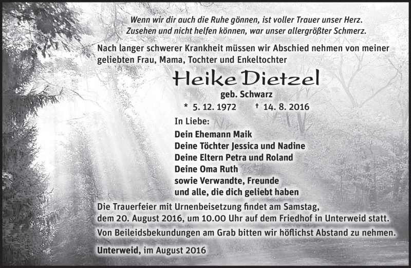  Traueranzeige für Heike Dietzel vom 17.08.2016 aus Südthüringer Presse