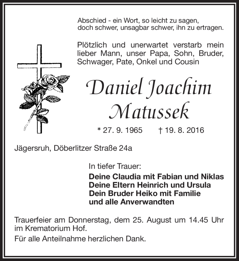  Traueranzeige für Daniel Joachim Matussek vom 23.08.2016 aus Frankenpost