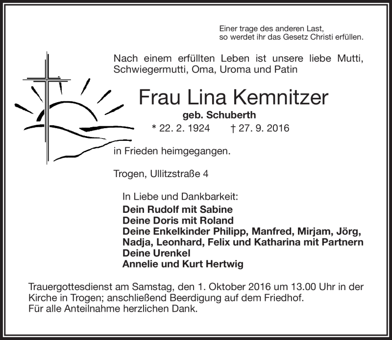  Traueranzeige für Lina Kemnitzer vom 29.09.2016 aus Frankenpost