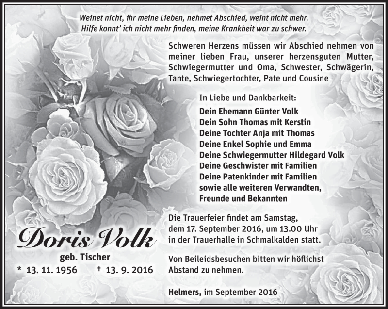  Traueranzeige für Doris Volk vom 15.09.2016 aus Südthüringer Presse