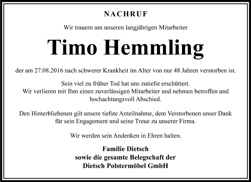  Traueranzeige für Timo Hemmling vom 02.09.2016 aus Südthüringer Presse