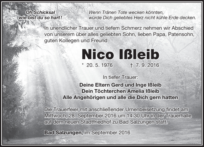  Traueranzeige für Nico Ißleib vom 24.09.2016 aus Südthüringer Presse