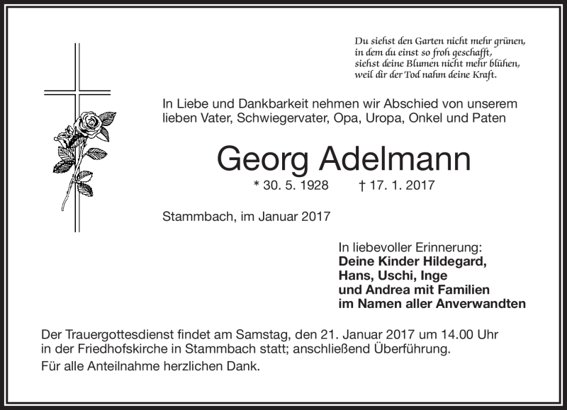  Traueranzeige für Georg Adelmann vom 19.01.2017 aus Frankenpost