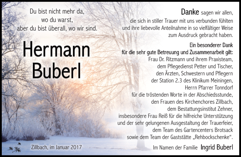  Traueranzeige für Hermann Buberl vom 21.01.2017 aus Südthüringer Presse