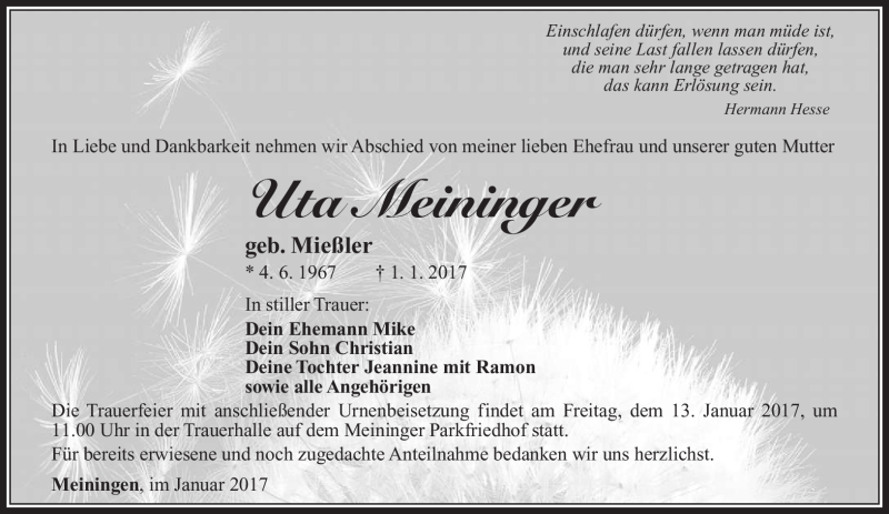  Traueranzeige für Uta Meininger vom 12.01.2017 aus Südthüringer Presse