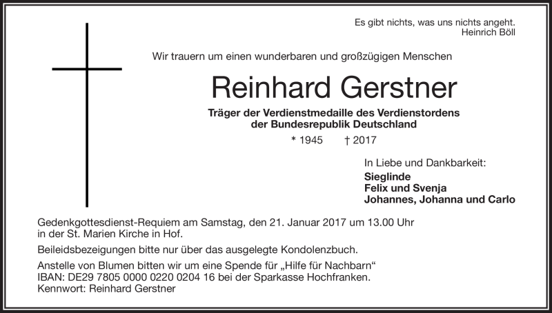  Traueranzeige für Reinhard Gerstner vom 18.01.2017 aus Frankenpost