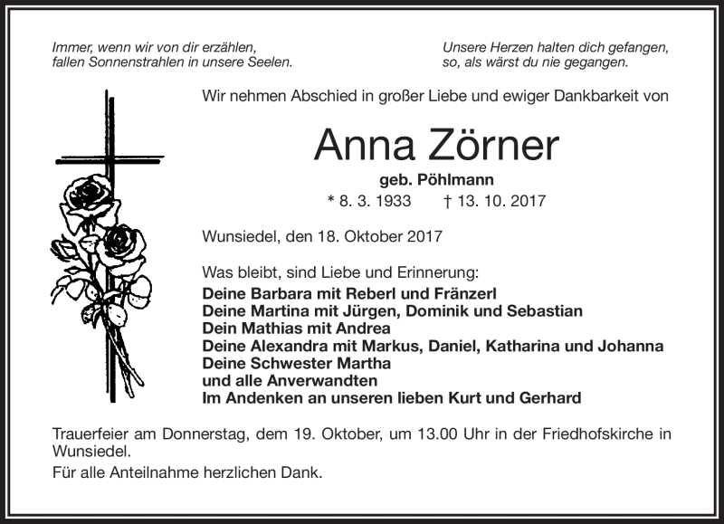  Traueranzeige für Anna Zörner vom 18.10.2017 aus Frankenpost