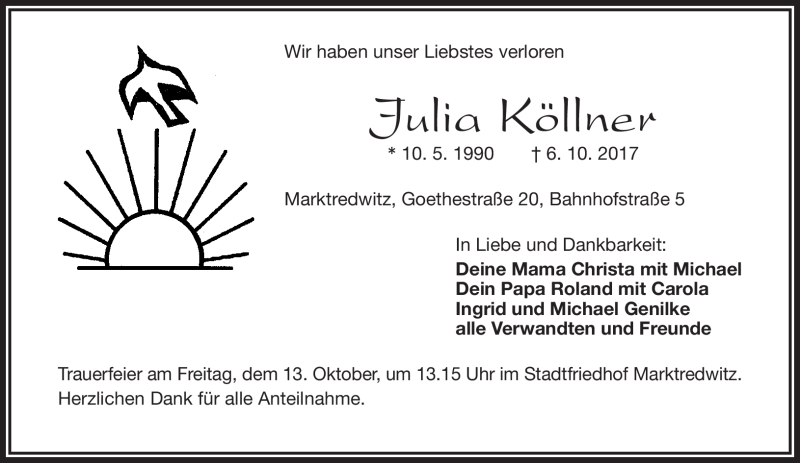  Traueranzeige für Julia Köllner vom 11.10.2017 aus Frankenpost