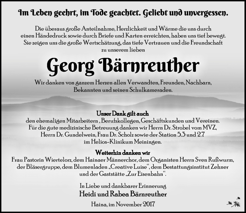  Traueranzeige für Georg Bärnreuther vom 11.11.2017 aus Südthüringer Presse