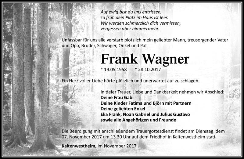  Traueranzeige für Frank Wagner vom 03.11.2017 aus Südthüringer Presse