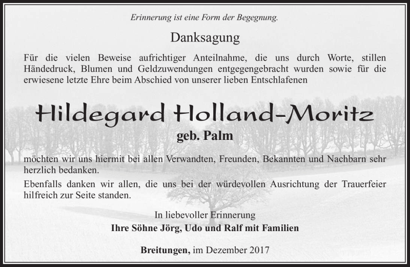  Traueranzeige für Hildegard Holland-Moritz vom 30.12.2017 aus Südthüringer Presse