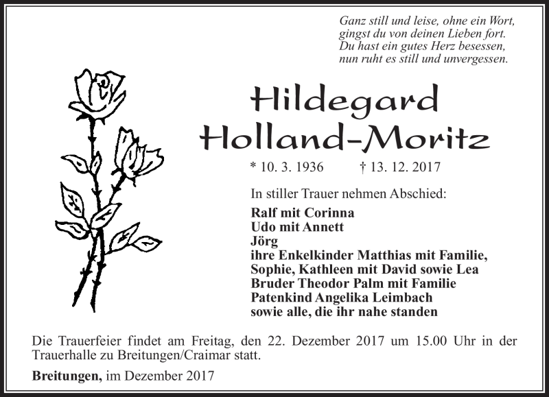  Traueranzeige für Hildegard Holland-Moritz vom 20.12.2017 aus Südthüringer Presse