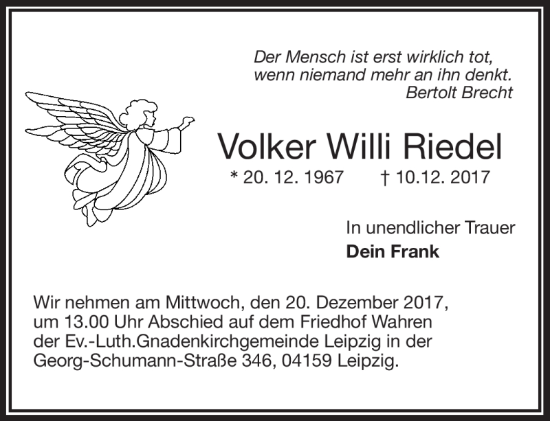  Traueranzeige für Volker Willi Riedel vom 16.12.2017 aus Frankenpost