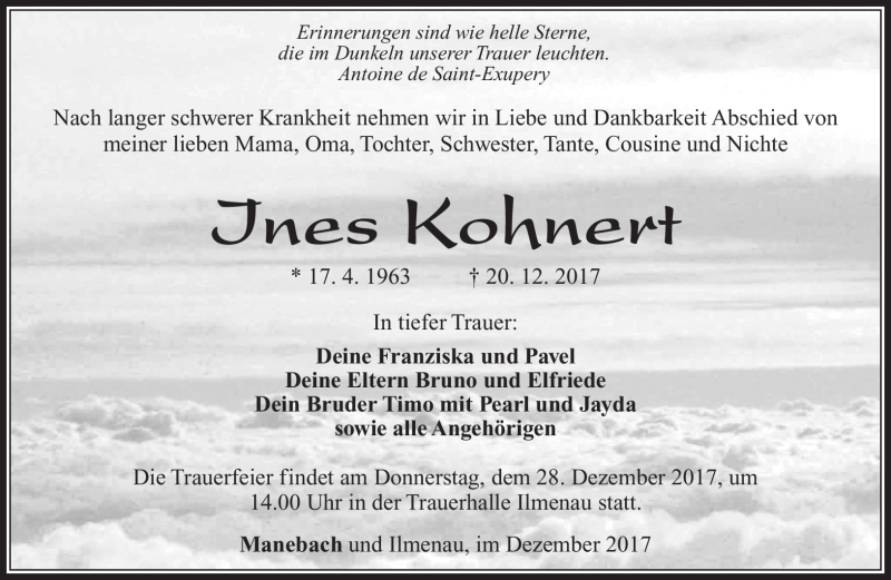  Traueranzeige für Ines Kohnert vom 23.12.2017 aus Südthüringer Presse