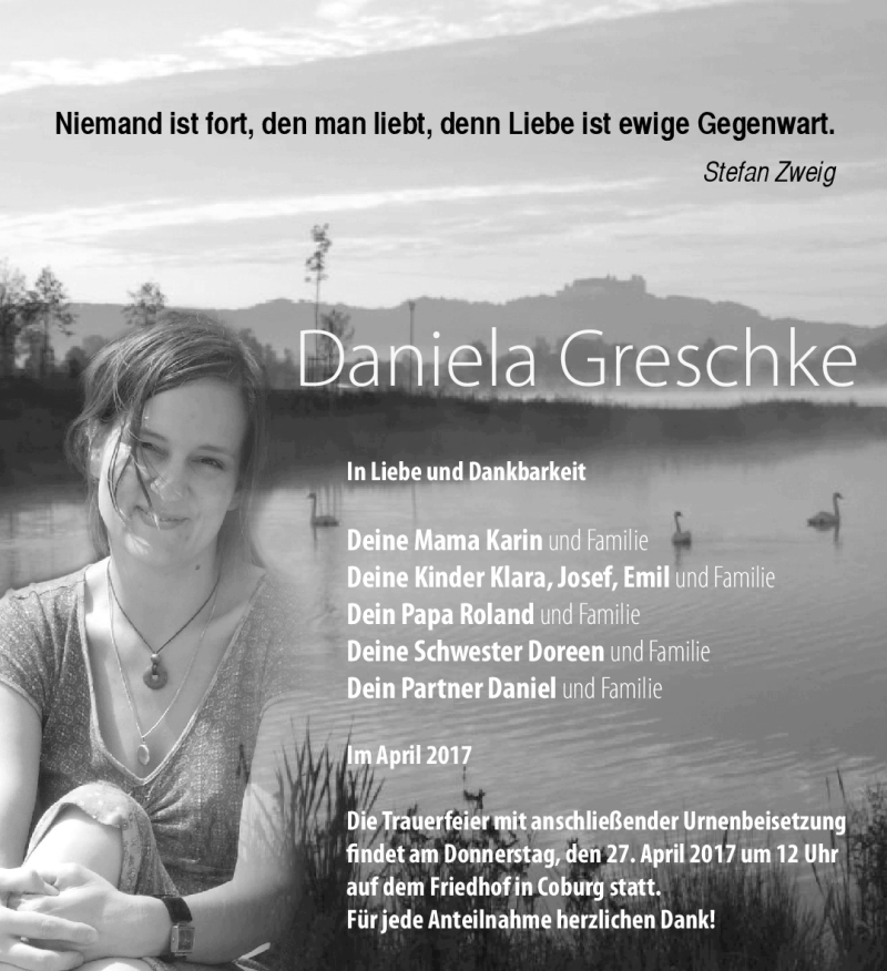  Traueranzeige für Daniela Greschke vom 25.04.2017 aus Neue Presse Coburg