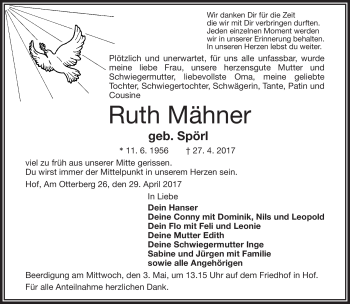 Traueranzeige von Ruth Mähner von Frankenpost